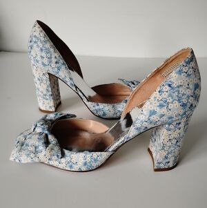 J. Crew Liberty Art Fabric Mitsi Valeria Blue Floral Bow Heels Wedding Size 7.5